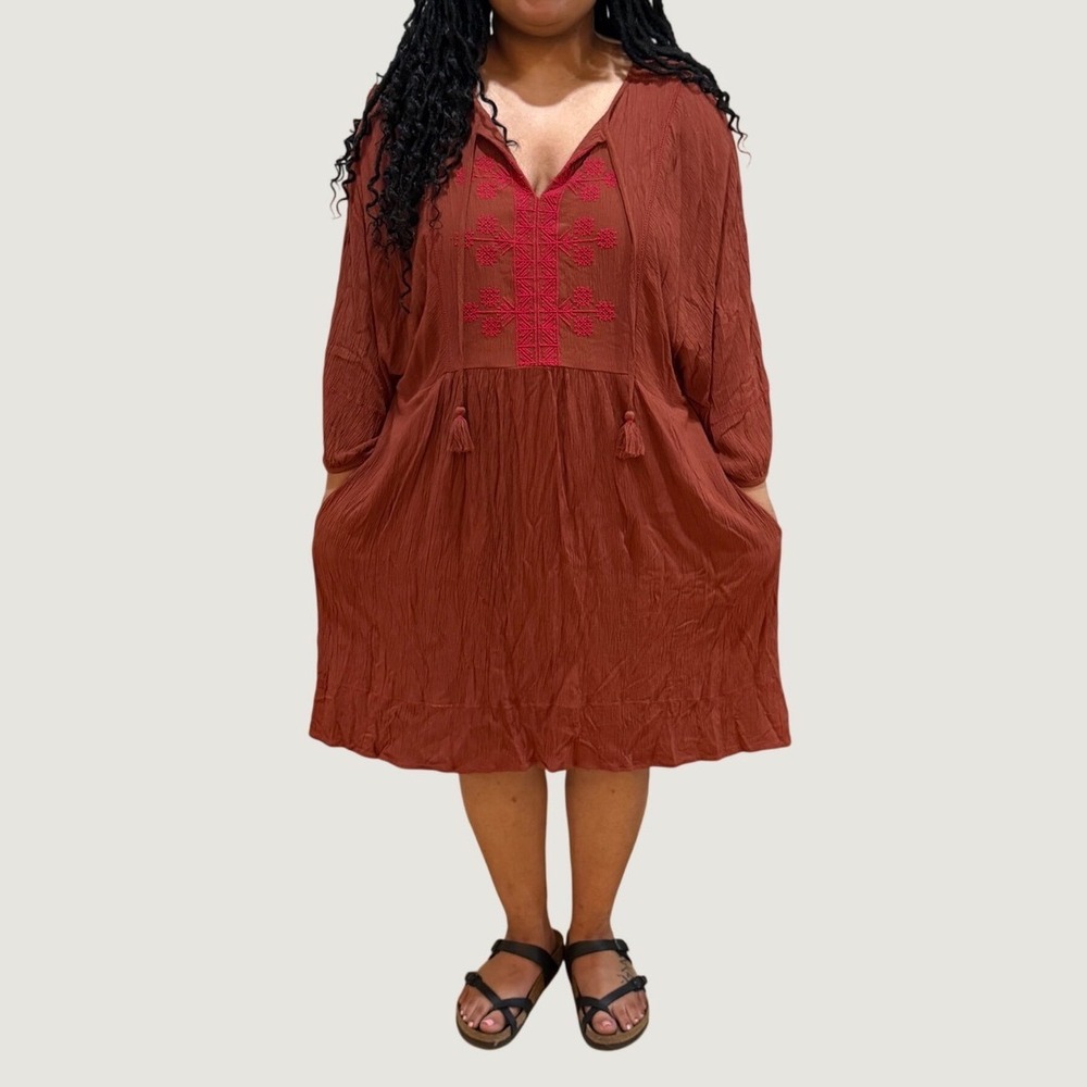 Knox Rose Rust Brown Embroidered Peasant Mini Dress XL Fall Cottagecore Pockets